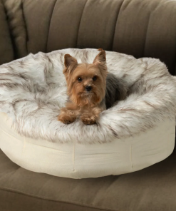 Faux Fur Donut Dog Bed - White with Brown Accents